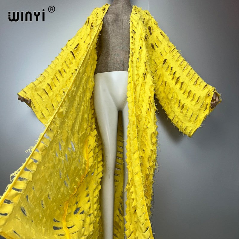 WINYI new maxi kimono coat for women OverCoat hole denim cardigan long down coat cover up beach outfits woman abaya dubai luxury