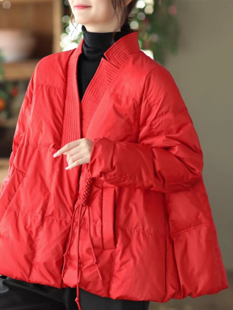 Vefadisa 2024 Autumn Winter New Red Women Parkas Coat V-neck Long Sleeve Short Parkas Casual Warm All-match Parkas Coat ZXY1194A