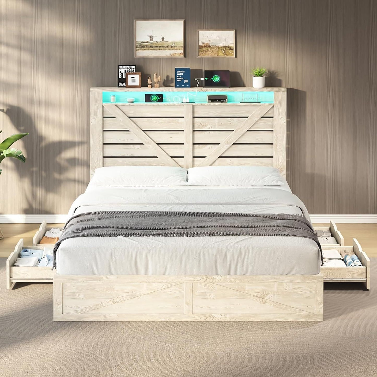 Farmhouse Bed Frame with 4 Drawers & 4 Open Storage Space, Queen Size Storage Bed with LED Light & Charging Station, Woo