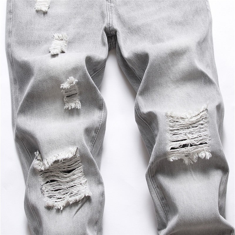 Mens Jeans Large-size Straight Light Gray Denim Trousers Spring and Autumn Full Length Male Pants Ripped Jeans