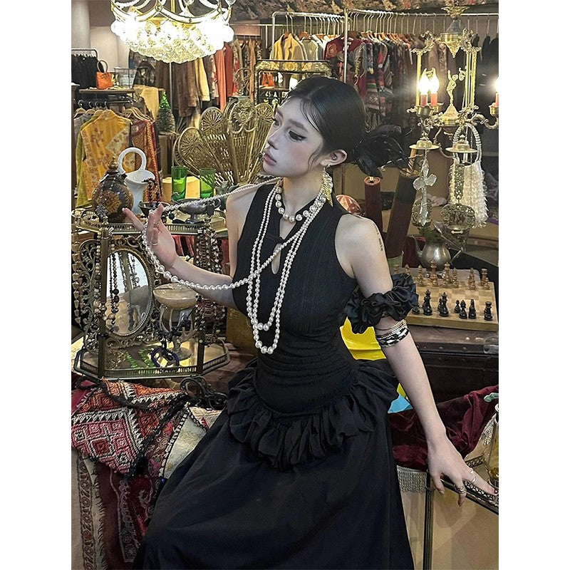 MEXZT Vintage Black Long Dress Women Party Prom Ruffles Sleeveless Maxi Dresses