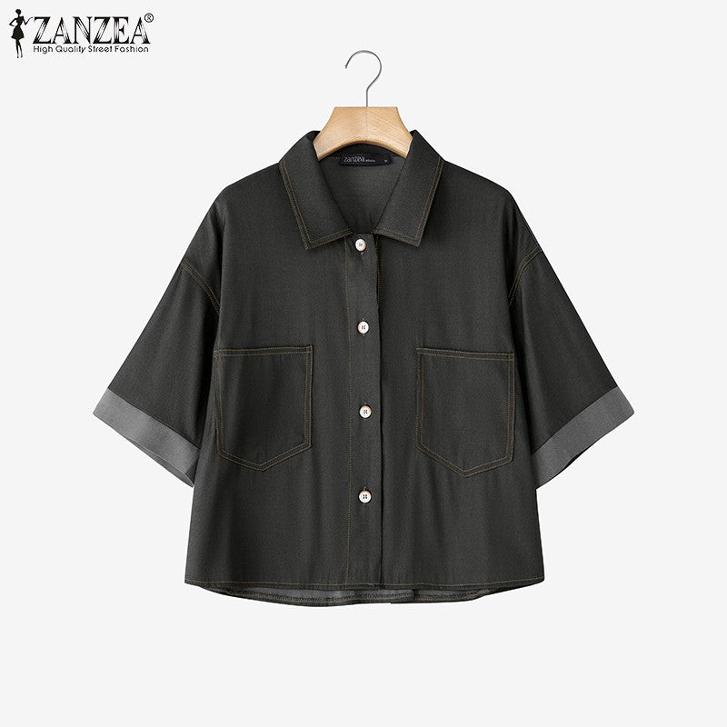 ZANZEA Denim Cardigan Shirts Women Elegant Office Blusas Casual Lapel Neck Outwears 2025 Half Sleeve Solid Color Fashion Tunic