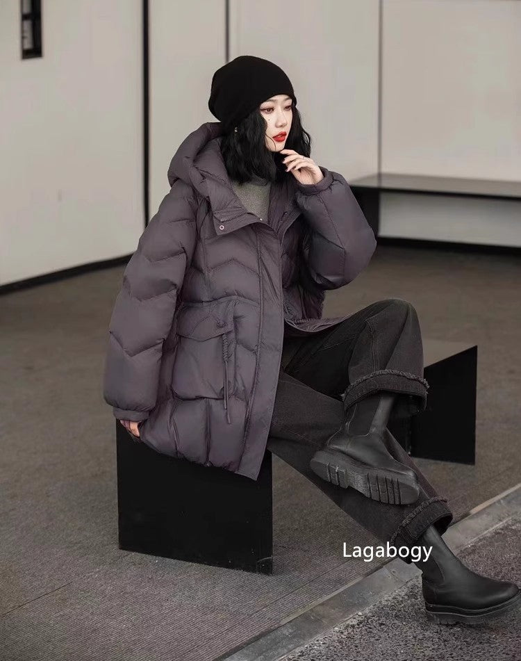Lagabogy 2025 Women Autumn Winter Vintage Style Loose Casual Mid-Long Hooded Warm Puffer Coat Female 90% White Duck Down Jacket