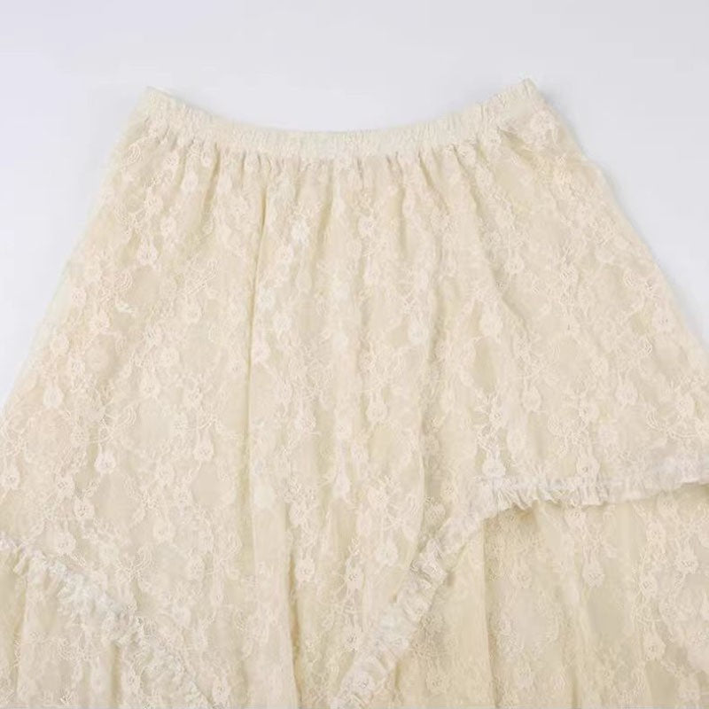 Lace Asymmetrical Skirt Women Vintage Y2K Boho Aesthetic Fashion High Waist Mid Skirts Summer Ladies Holiday Outfits