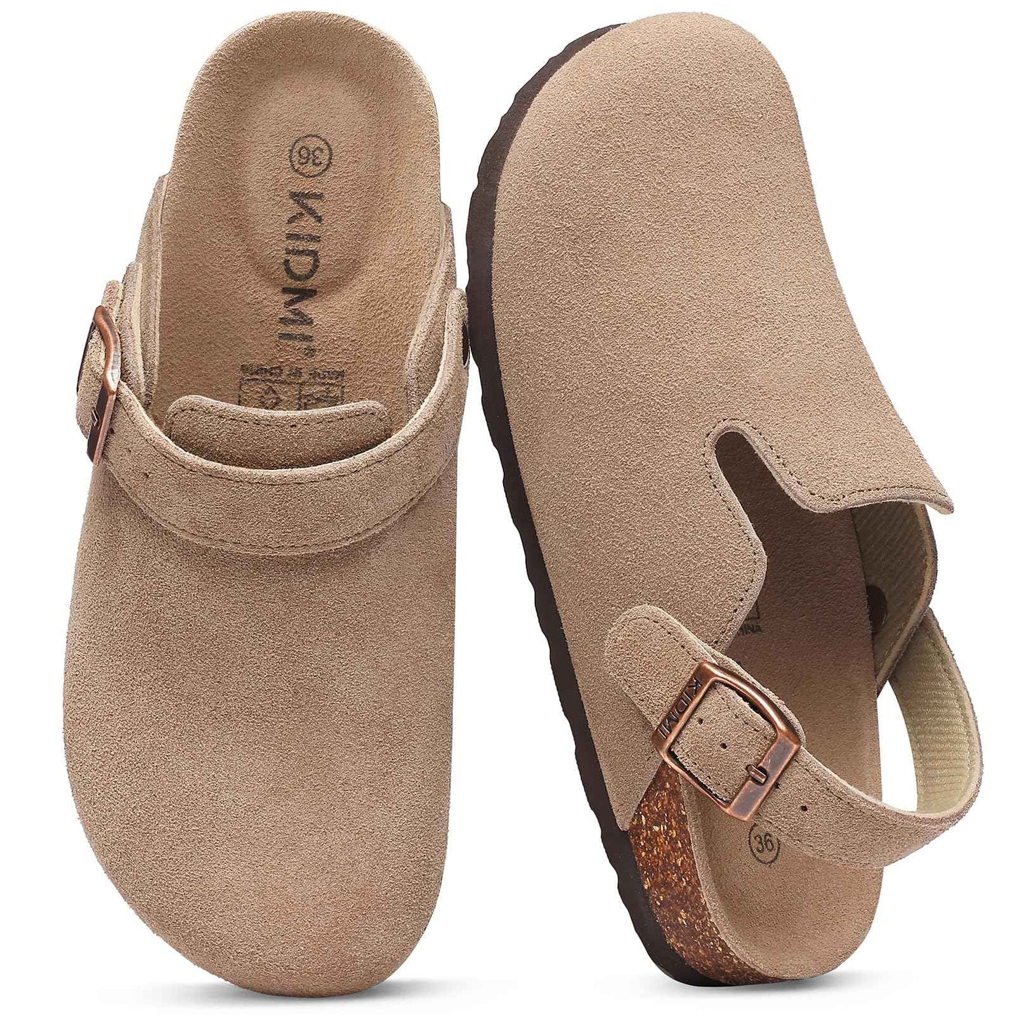 Crestar Women Cow Suede Clogs Cork Footbed Leather Mules Lady Outdoor Comfort Arch Support Potato Shoes With Adjustable Strap