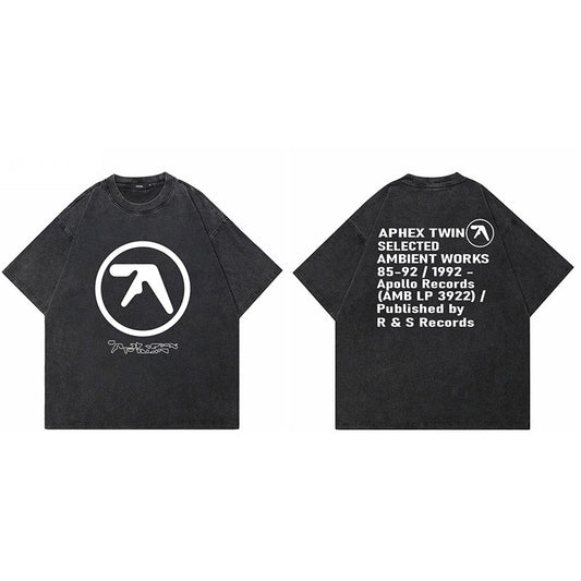 Men T-Shirt Aphex Twin Washed Black Print Cotton Graphic Oversized Korean Fashion Short Sleeve Tops Tees Y2k Streetwear Clothing