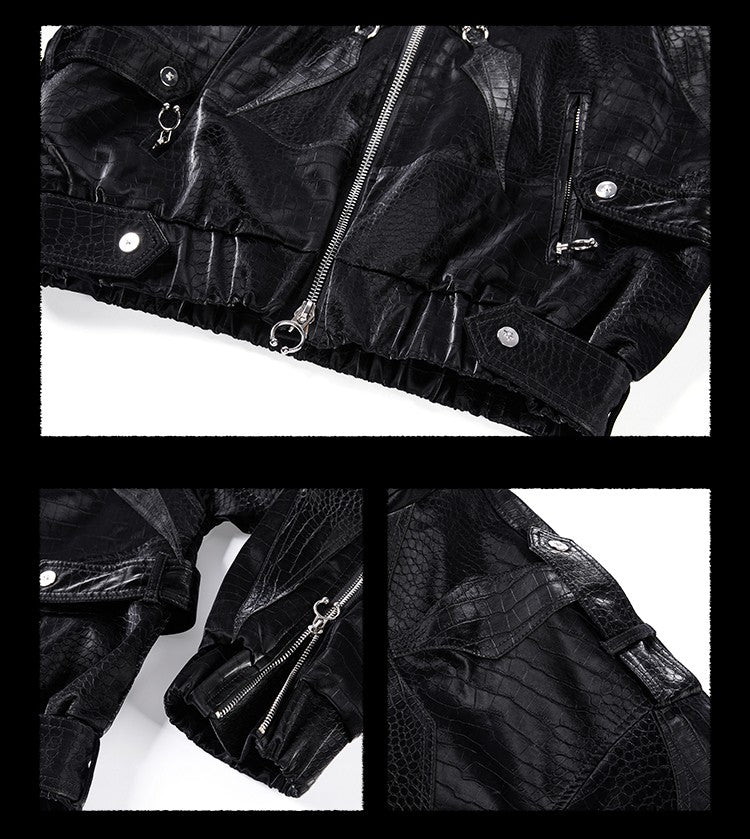 Mauroicardi Spring Autumn Cool Short Shiny Black Crocodile Print Pu Leather Jacket Men Luxury Designer Y2K Streetwear Clothes
