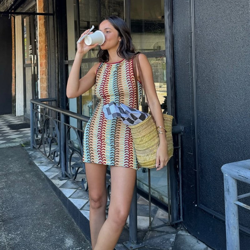 Irregular Printed Knitted Mini Dress For Women Chic Backless Slanted Shoulder Sl