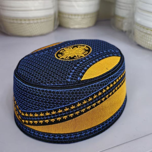 Chapéus de Casamento Muçulmanos Masculinos Bordados com Topo Reto Eid Ramadã Oração Étnica Cultural Islâmica Chapéu Presente Gorro Turquia Azul Ouro Bonés