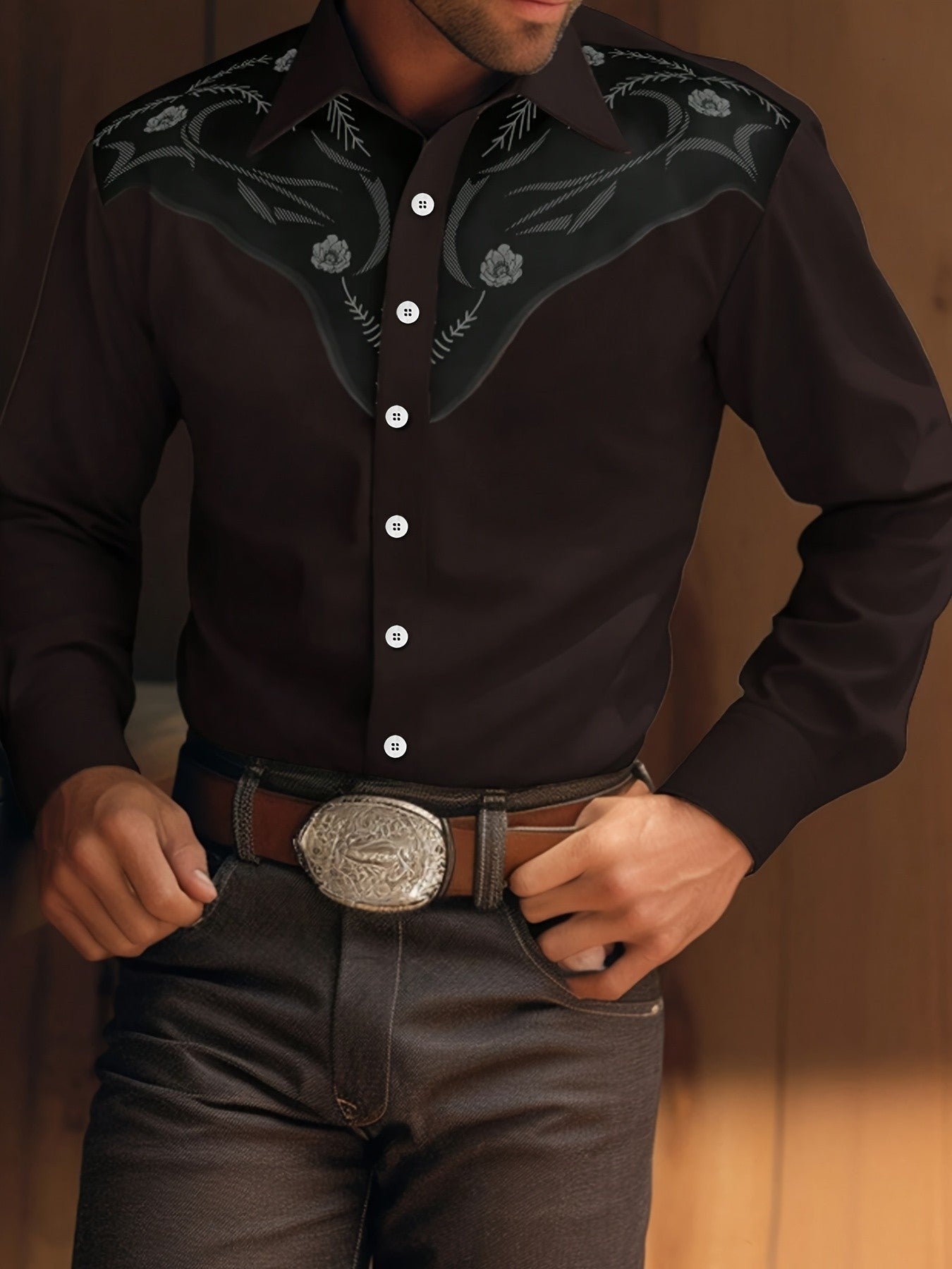 Spring and Autumn Cowboy Style Printed Men's Long Sleeve Shirt Men's Loose Fit Collar Top Casual Street Fashion Clothing