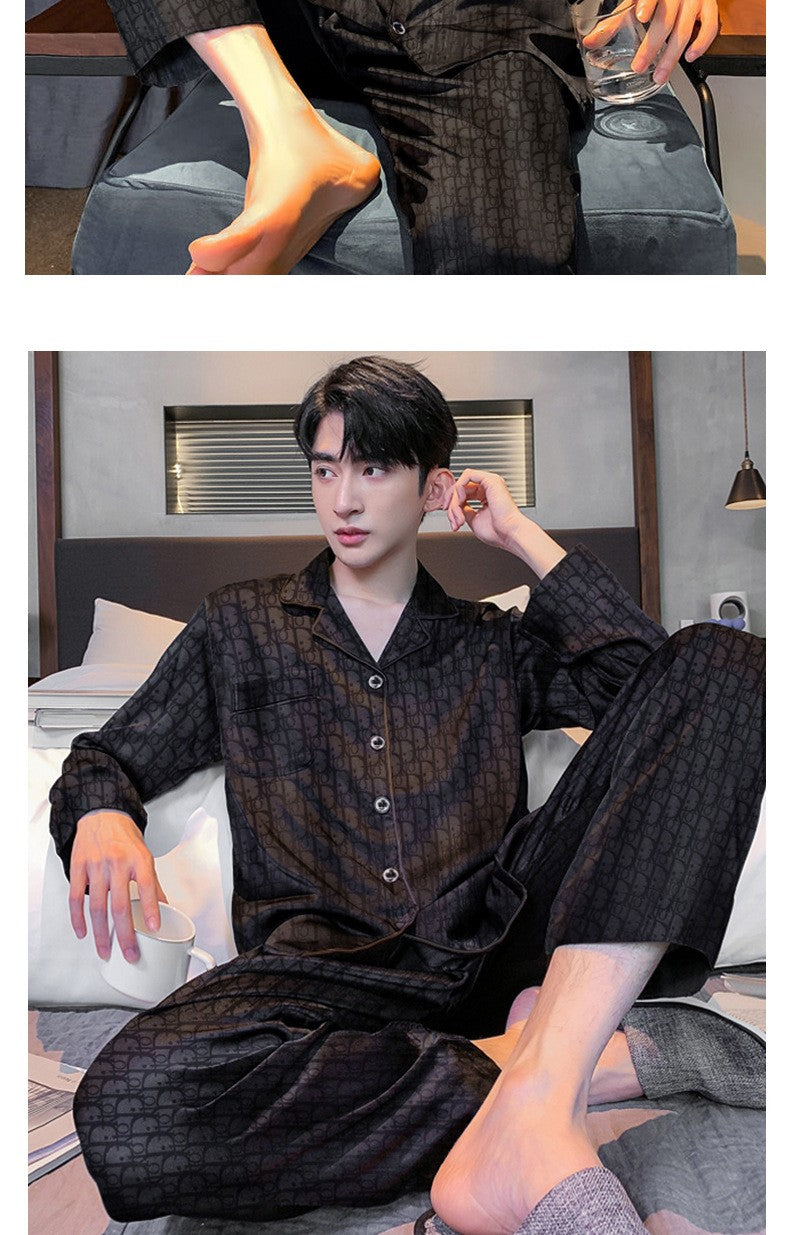 Plus Size Men's Pajama Suit Long Sleeve Silk Jacquard Pattern Premium Black Suit Lapel Top Long Pants Sleepwear Loungewear