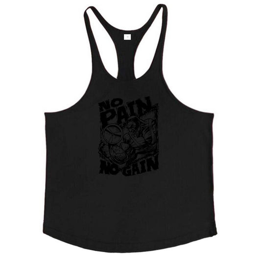NO PAIN NO GAIN Print Gym Fitness T-Shirt Mens Bodybuilding Sport Sleeveless Vests Cotton Breathable Y-back Suspenders Tank Tops