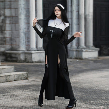 Sexy Nun Cosplay Costume Gothic Black Split Long Dress with Head Veil Halloween Carnival Party Fancy Dress for Women Nun
