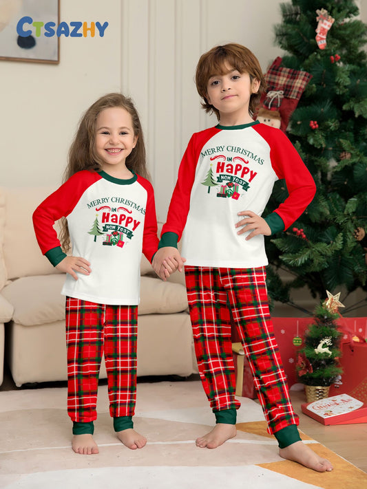 Christmas Kids Pajamas Set "Merry Christmas Happy New Year" Print Raglan Sleeve Red White Green & Red Plaid Pants Sleepwear