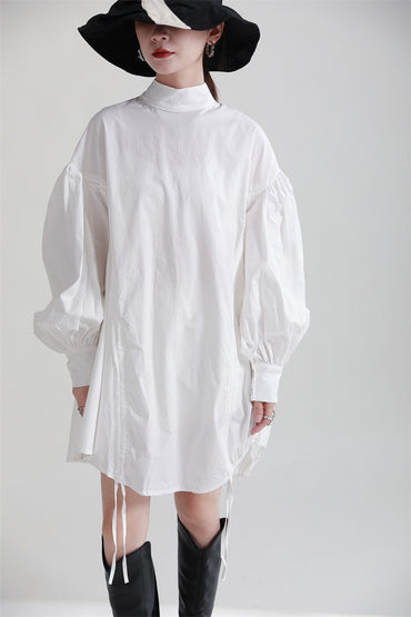 2025 Women Irregular Drawstring Big Size White Blouse New Stand Collar Long Sleeve Shirt Fashion Tide Spring Autumn