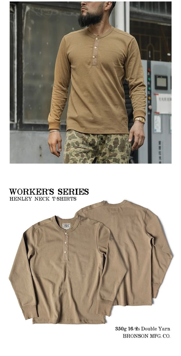 Bronson 350g Heavyweight L/S Henley Shirt Vintage Plain Base T-Shirt For Men