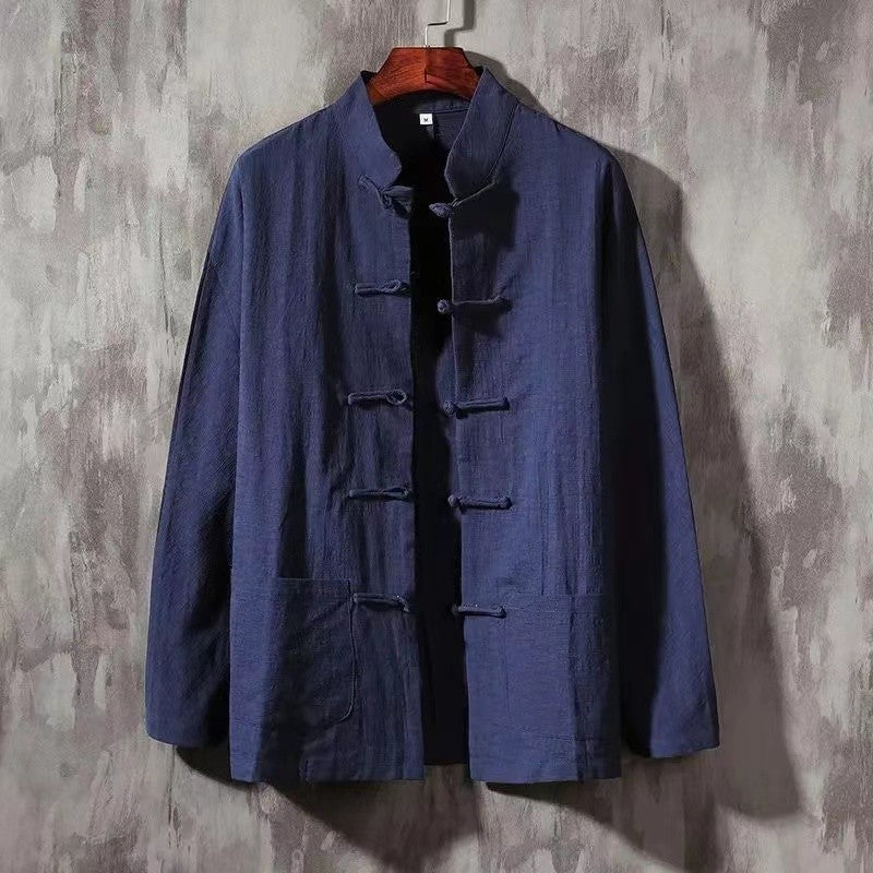XXXXXL Plus Size Men Cotton Linen Shier Autumn Spring Men Collarless Long Sleeve Frog Button Loose Blouse Tops Oversized M-5XL