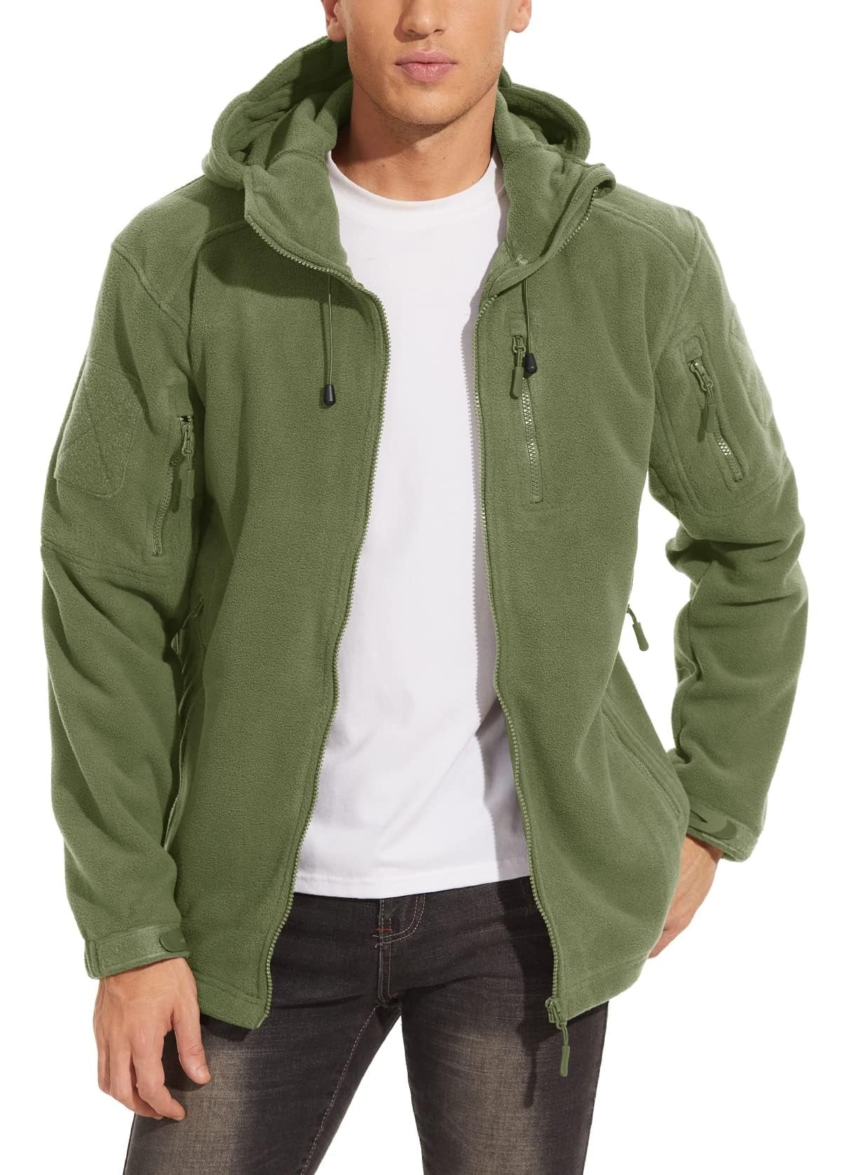 TACVASEN Spring Winter Fleece Jacket With Hoodie Mens Hooded Fleece Jacket Full-Zip Up Outdoor Windproof Hooded Warm Work Coat