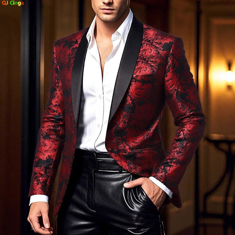 Men's Purple Print Suit Jacket Burgundy Long Sleeve Black Collar Single Button Coat for Wedding Party Stage Performance