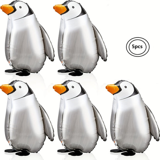 5pcs Cute Walking Standing Penguin Aluminum Balloon Traction Walking Balloon Ribbon For Kids Pet Theme Birthday Party Decoration