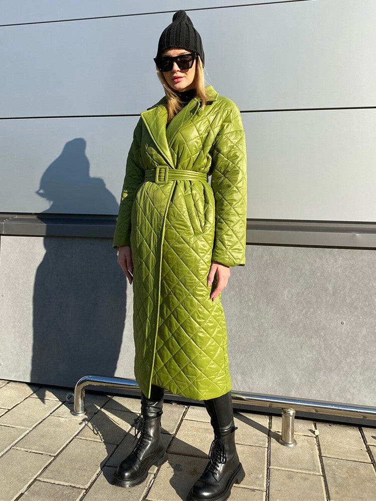 Cryptographic Fall Winter Long Sleeve Parkas Quilted Coats and Jackets for Women Warm Belt Trench Coat Warm Down Jackets Clothes
