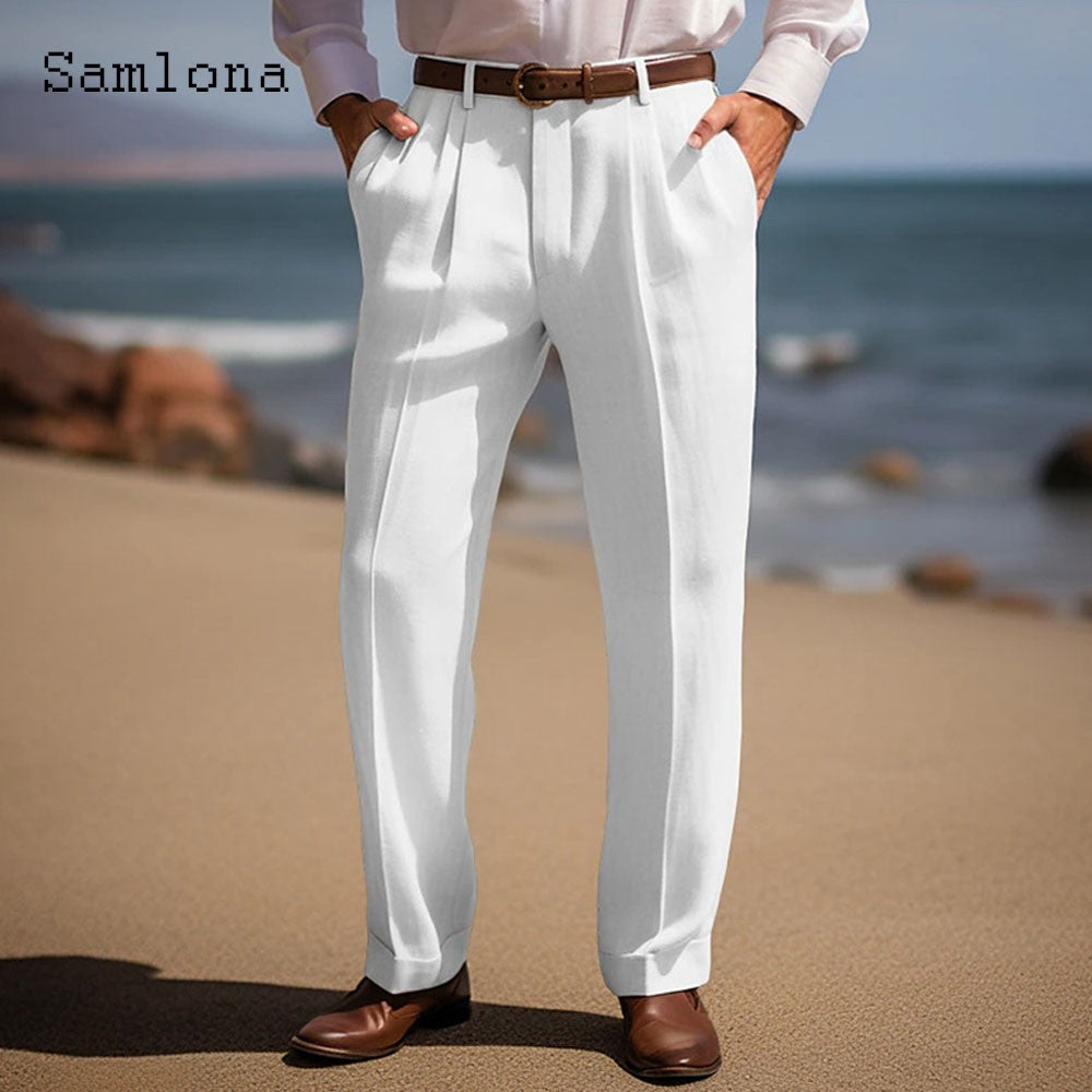 Men's Stand Pocket Casual Cotton Linen Pants White Soft Beach Trousers 2025 American and European Fashion Style Basic Suit Pants