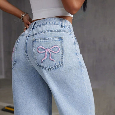 Fashion Retro Bow Embroidered Jeans Women'S Straight Leg Slim Fit Jeans Pants Baggy Y2k Jeans
