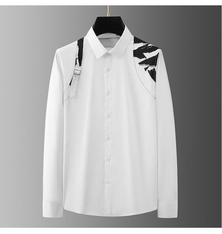 Metal Buckle Camouflage Shoulder Strap Splicing Shirt for Men High End Casual Business Men's Shirt Long Sleeve Social Streetwear