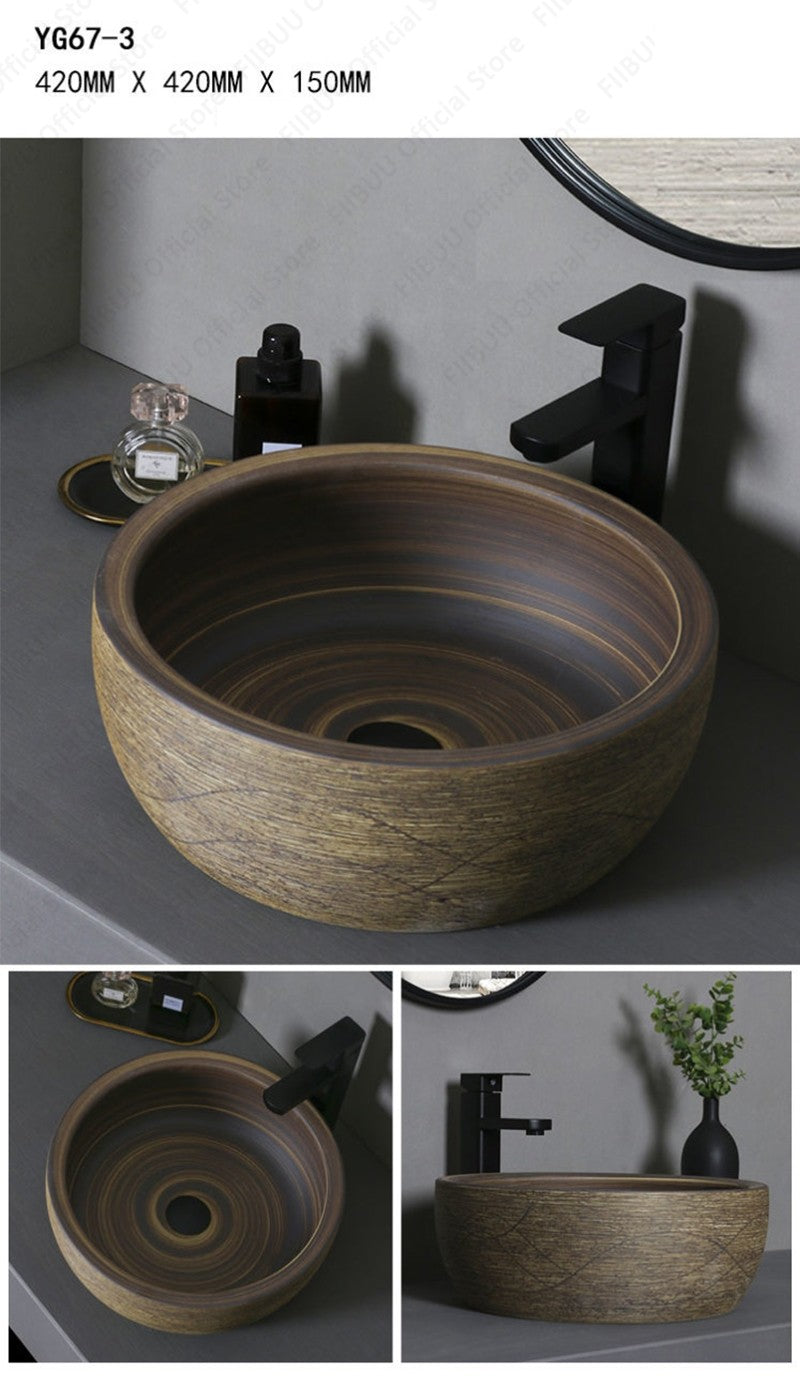 Cuba de Cerâmica Marrom para Lavatório de Banheiro Oval Artística para Mesa de Banheiro, Bacia de Lavar Roupa para Varanda, Bacia de Pedestal Acima do Balcão