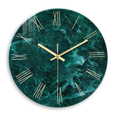 Creative Stylish Dark Green Marble Texture Pattern Tempered Glass Wall Clock Living Room Bedroom Kitchen Home Decoration Wall Clock Silent Quartz Clock Holiday Gift 12 Inches 14 Inches 16inch (Without Batteries)