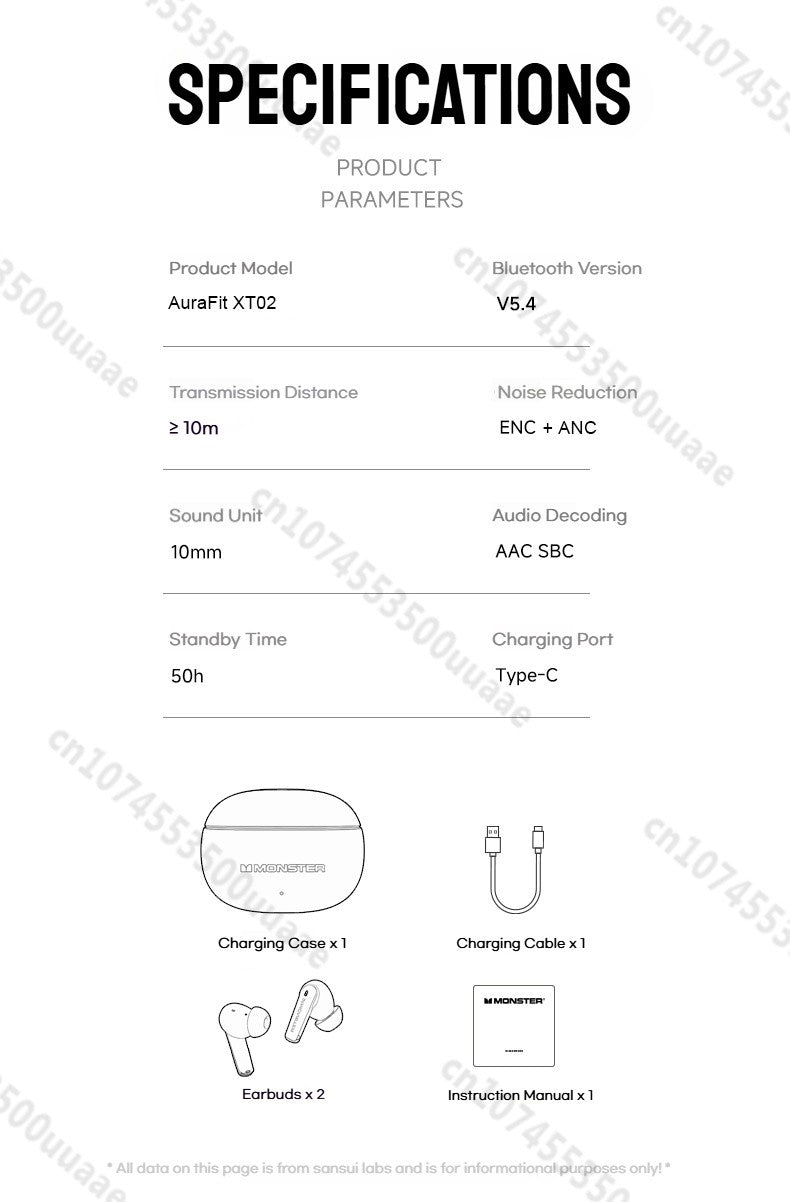 Monster AuraFit XT02 ANC Bluetooth Earphone -32dB Active Noise Canceling Earbuds Hi-fi Stereo Wireless Bluetooth 5.4 Headphone