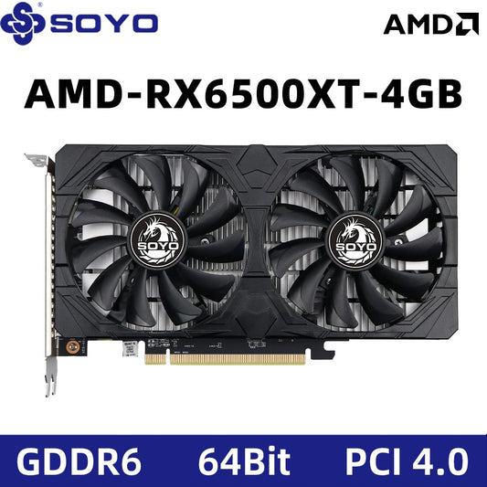 SOYO AMD Radeon RX6500XT 4G Graphics Card GDDR6 Video Memory Gaming Card HDMI-compatible DP Port Direx12 Desktop Computer