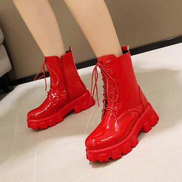 Women Boots Patent Leather Platform Shoes Brand Ankle Fashion High Heel Boots Women Autumn Winter Warm Platform Boots Black Red