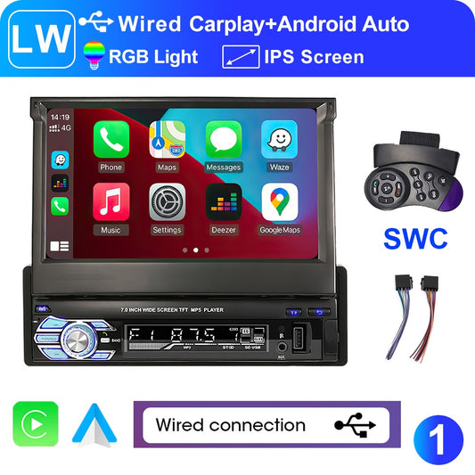 LEHX 1 Din 7inch IPS Retractable Screen Car Radio Multimedia Player Universal Audio Video Wired CarPlay Android Auto