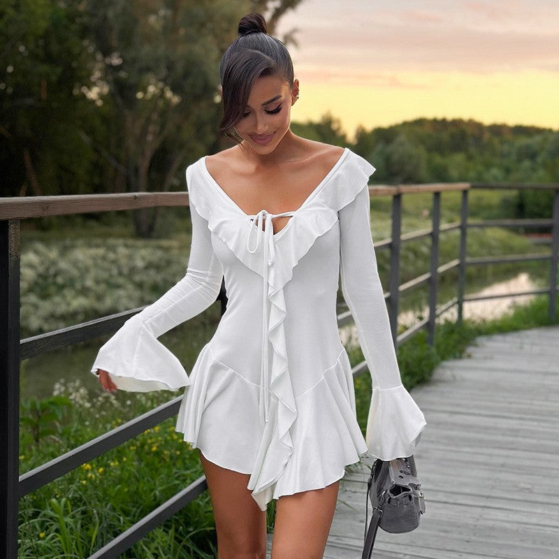 Ruffled Lace-Up White Mini Dress Women's V-Neck Patchwork Long Sleeve Sexy Slim