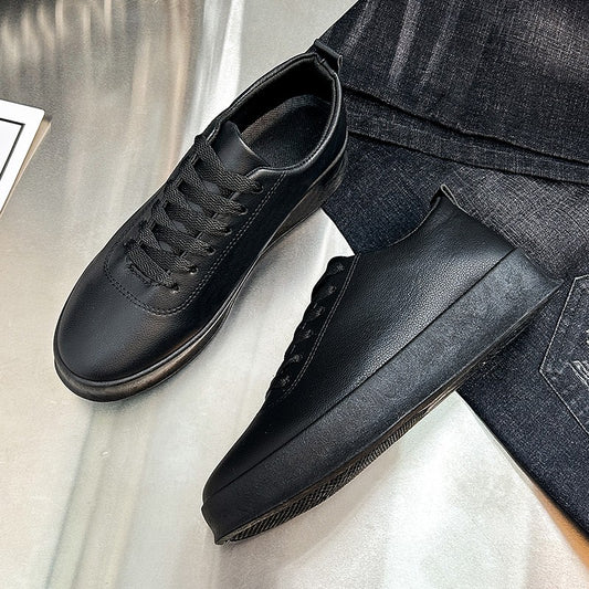 Fashion Thick Sole Black White Soft Men Leather Shoes Platform Men Casual Board Shoes Walking Sport Shoes Lightweight Work Shoes
