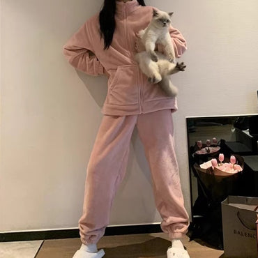 2025 Autumn Winter Homewear Pajamas Set for Women Long Shirt Trousers 2 Pieces Keep Warm Sleepwear Loungewear