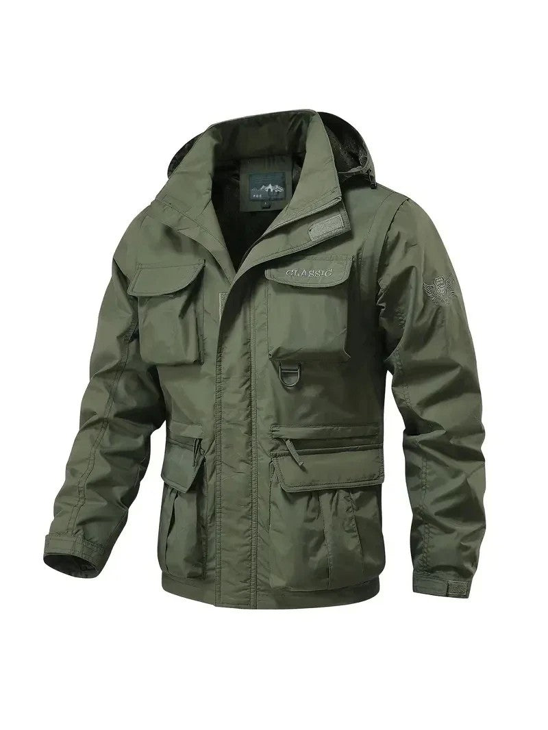 Men's Casual Waterproof Multi Bag Cargo Jacket Vest Suitable for Outdoor Activities Detachable Windproof Hooded Jacket Jacket