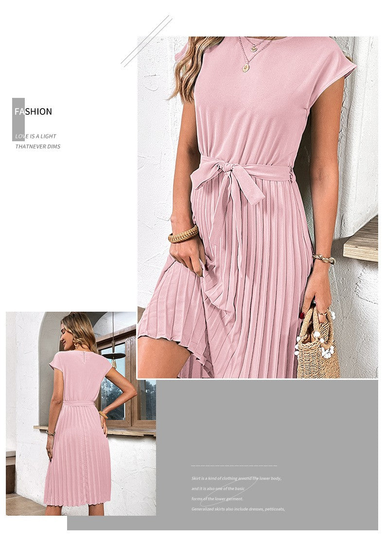 Vestido Feminino Elegante de Verão Casual de Praia Manga Curta Plissado Midi Cor Sólida Gola O Vestidos Túnica Fashion
