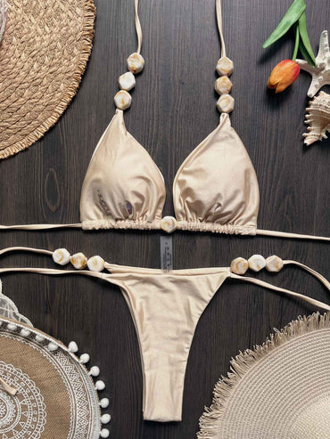 2025 Sexy Bead Bikini Swimwear Women Halter Bikini Swimsuit Beach Halter V Neck Bikini Set Beachwear Summer Bathing Suit