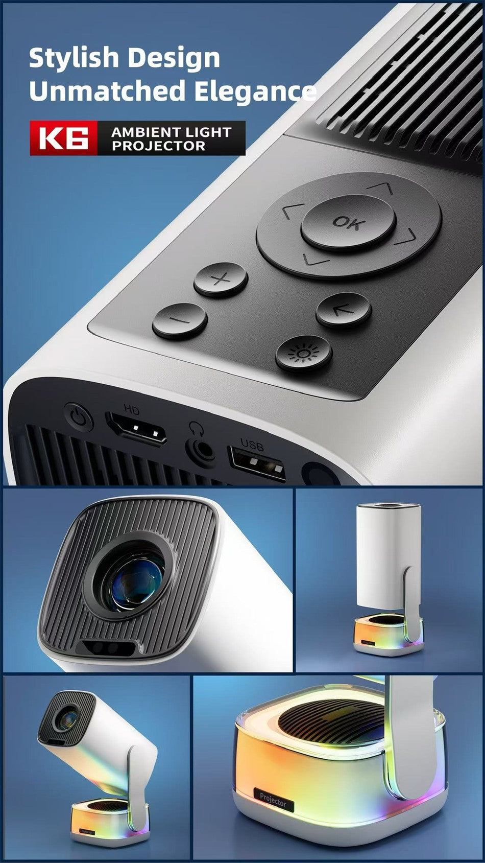 Novo Projetor Inteligente K6 Yuntai Portátil 1080P4K Projetor de Home Theater e Escritório com Bluetooth Sem Fio e Função K Song