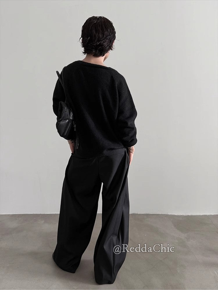 REDDACHiC Men's Pleated Front Wide Leg Pants Cleanfit Black Solid Low Waist Dressy Trousers Unisex Office Work Casual Clothes