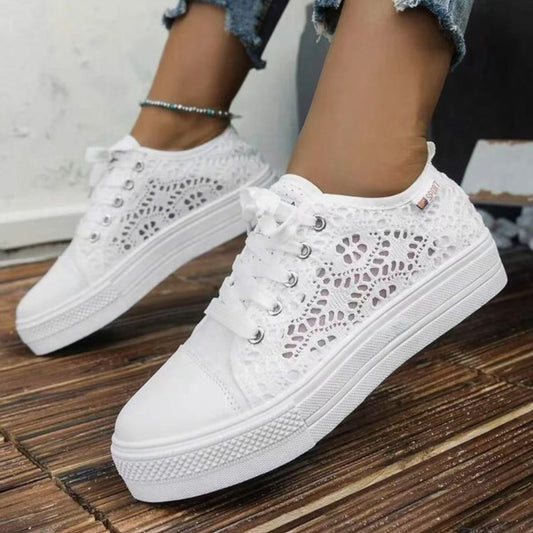 Women Shoes Fashion Summer Casual White Shoes Cutouts Lace Canvas Hollow Breathable Platform Flat Shoes Woman Sneakers