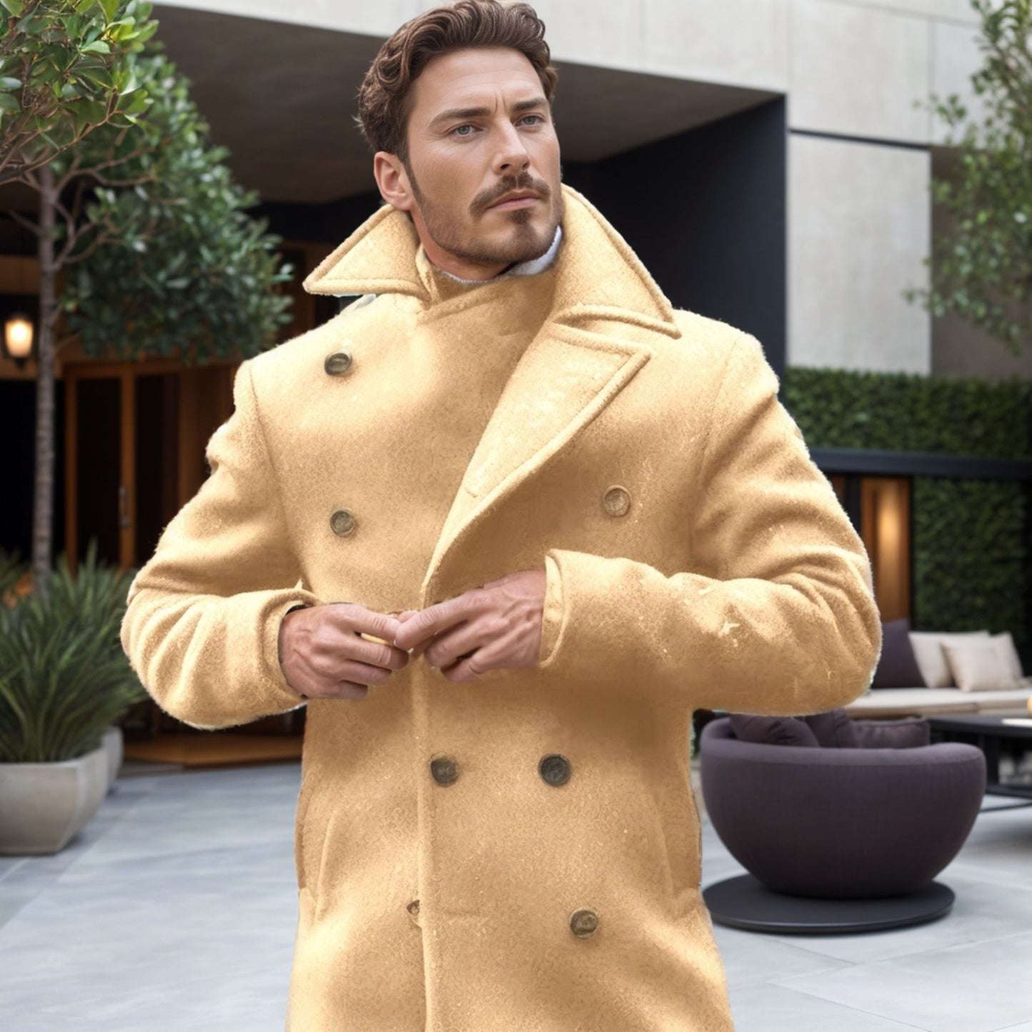 Men's British Woolen Overcoat for Autumn and Winter 2024, European and American Casual Lapel Single-breasted Solid Color Coat