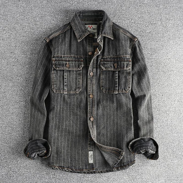 Heavy British retro black gray striped denim shirt for men new autumn end single cargo pocket shirt coat