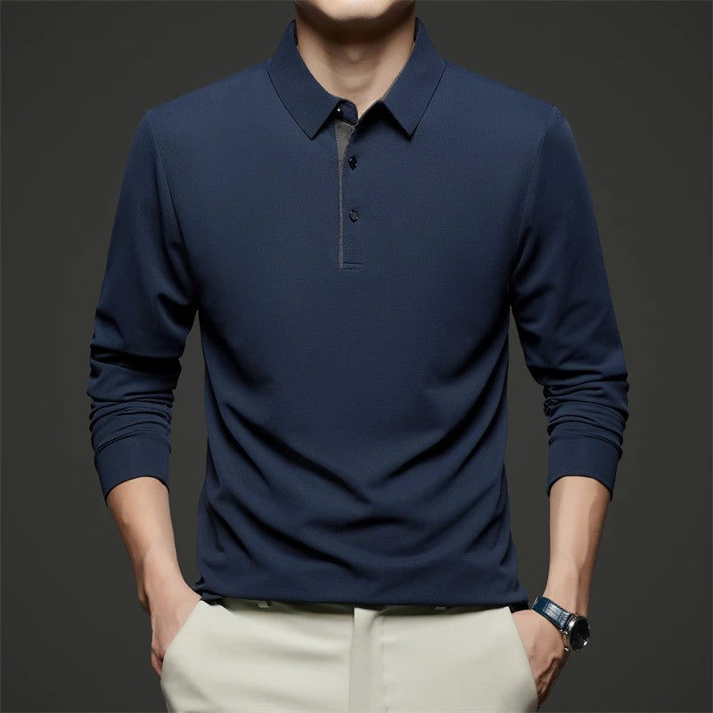 New Men's Business Casual Long Sleeve Solid Color Polo Shirt Fashionable Warm Comfortable Four Seasons Versatile Top