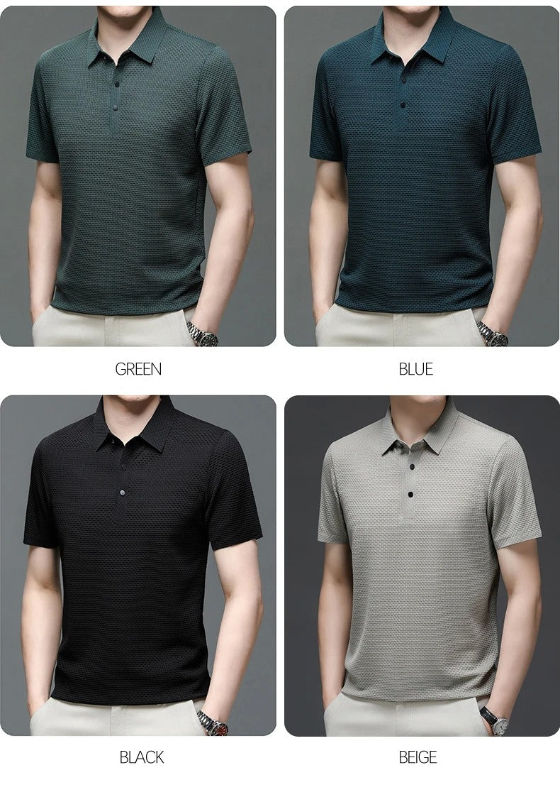 Summer New Men's Lop-up Hollow Short-sleeved Polo Tee Shirt Ice Silk Breathable Business Fashion T-Shirt Male Brand Clothes