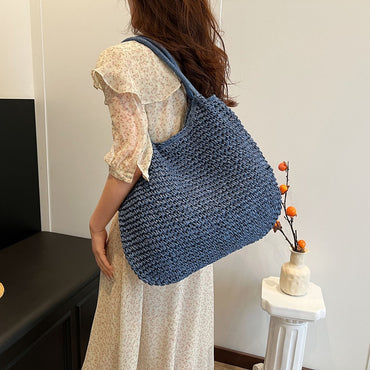 Women Straw Bag Tote Handbag Large Capacity Vintage Shoulder Bag Solid Color Simple Weaving Handbag Ladies Summer Daily Bag