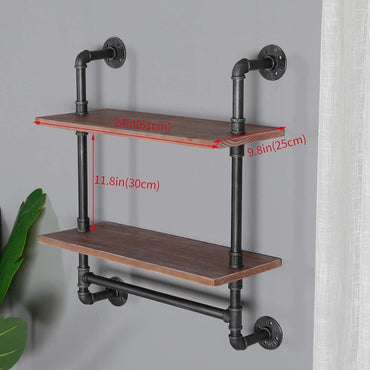 Industrial Pipe Style Wall Mounted Floating Shelves - 2-Tier 24 Rustic Wood Bathroom Shelf with Towel Rack