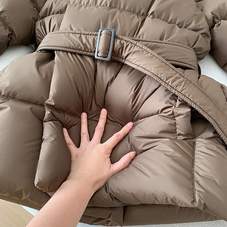 2025 Winter Women's Down Jackets Ultra Light Warm Cusual Coat Female Puffer Jacket With Belt Plus Size Hooded Short Parka